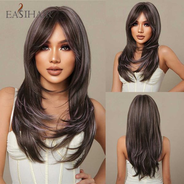 

synthetic wigs easihair dark brown synthetic wigs mixed purple long straight with bangs natural hair for women cosplay heat resistant 230227, Black