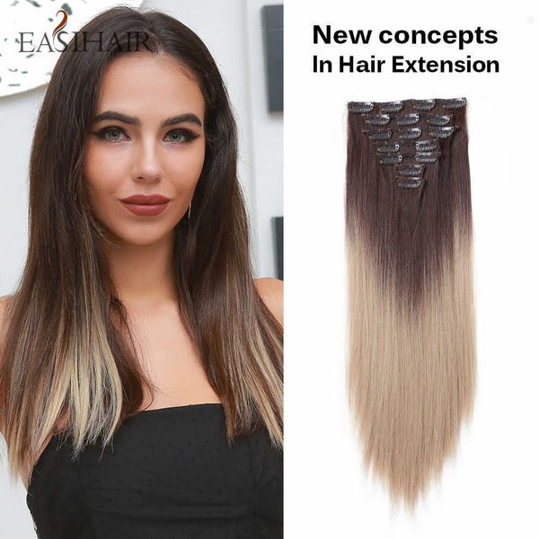

synthetic wigs easihair 7pcs set hairpiece straight 16 clips in false styling synthetic clip heat resistant 230227, Black