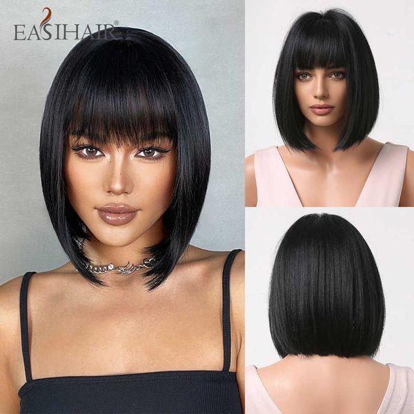 

synthetic wigs easihair short black synthetic wigs with bangs straight bob for women lolita cosplay party natural hair heat resistant 230227