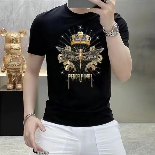 

summer mens skulls rhinestones t shirts modal coach cotton o neck short sleeve slim tee shirt 54644, White;black