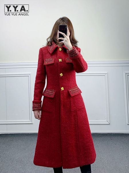 

women's wool blends coat autumn winter vintage red long jacket single breasted patchwork turndown collar fashion office ladies coats 23, Black