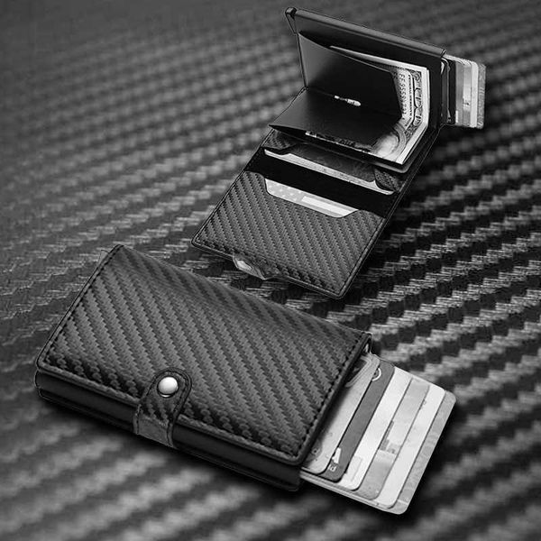 

rfid blocking credit card holder for men women metal carbon fiber leather mini wallet men's card holder, Brown;gray