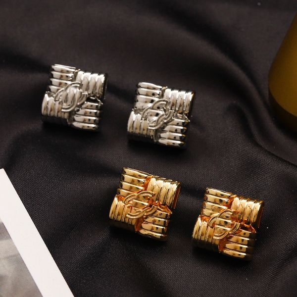 

luxury brand designers double letter c stud clip chain stainless steel geometric famous women with steel sea square rhinestone earring weddi, Golden;silver