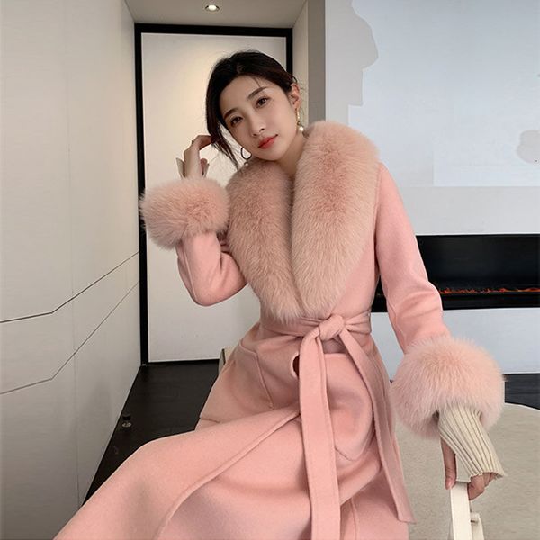 

women's wool blends coat fur collar scarf cuffs suit warm fashion luxury coat shawl women elegant solid color thick winter 230227, Black