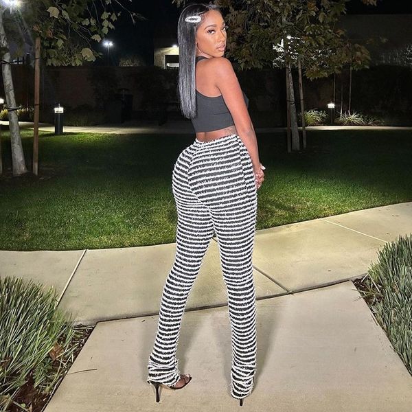

women's pants striped casual pants knitted stitching high-waisted personality long pants, Black;white