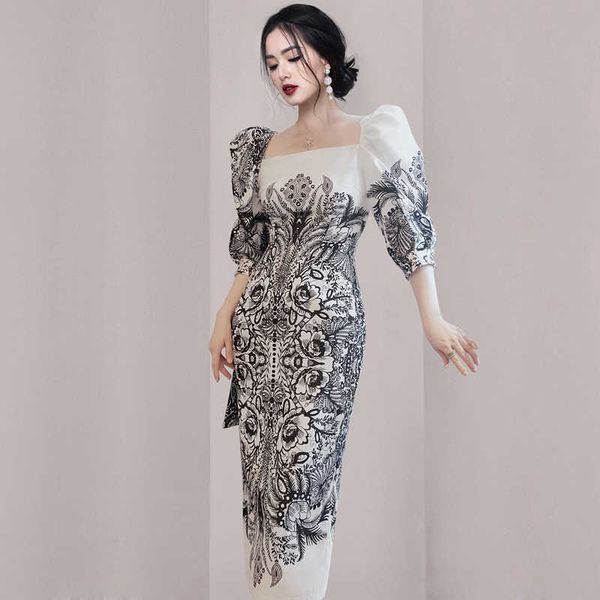 

casual dresses 2023 spring/summer korean style square neck panel ruffle print long slim dresses women, Black;gray