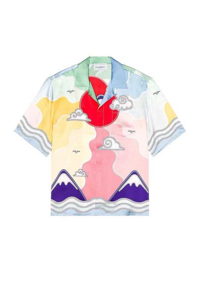 

casablanca designer shirt men and women classic high texture red sun mountain color gradient silk hawaiian short sleeve shirt, White;black