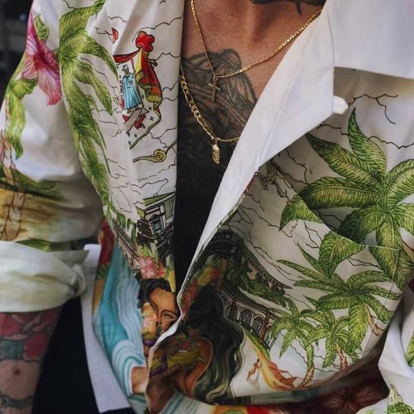 

casablanca silk casual shirt men and women kamehameha oasis island lazy landscape satin long sleeve shirt, White;black