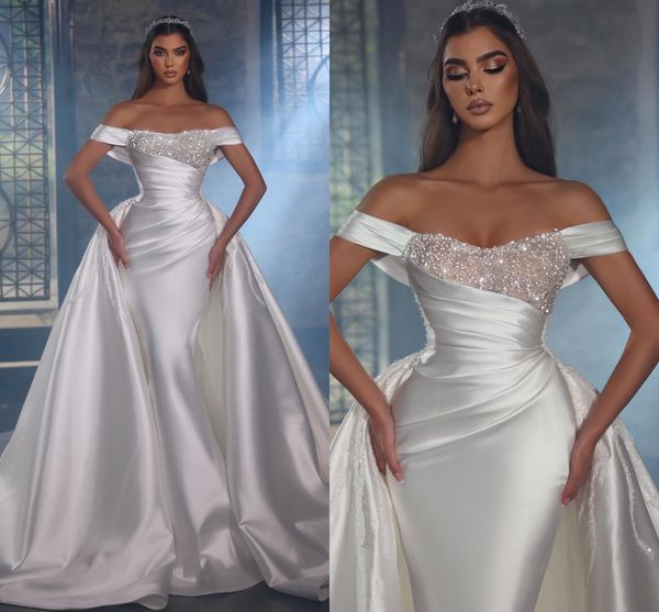 

arabic dubai wedding dresses with detachable skirt off shoulder beads sequined pleats ruffles long bridal gowns bc15305, White