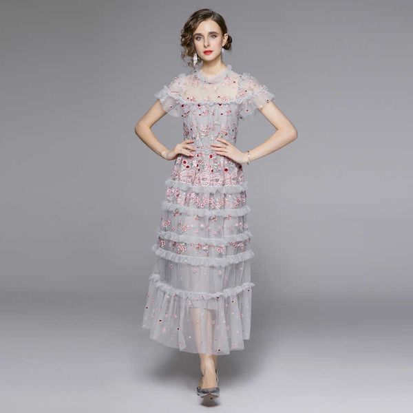 

women's casual dresses round-neck ruffle short-sleeved perspective mh heavy work embroidery flower waist large hem long dresses 2023 su, Black;gray