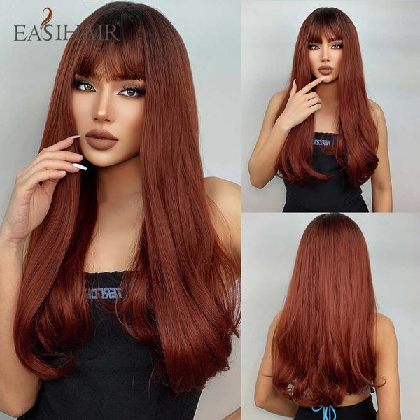 

synthetic wigs easihair brown red long wavy ombre synthetic wigs with bangs natural hair for women cosplay halloween heat resistant 230227, Black