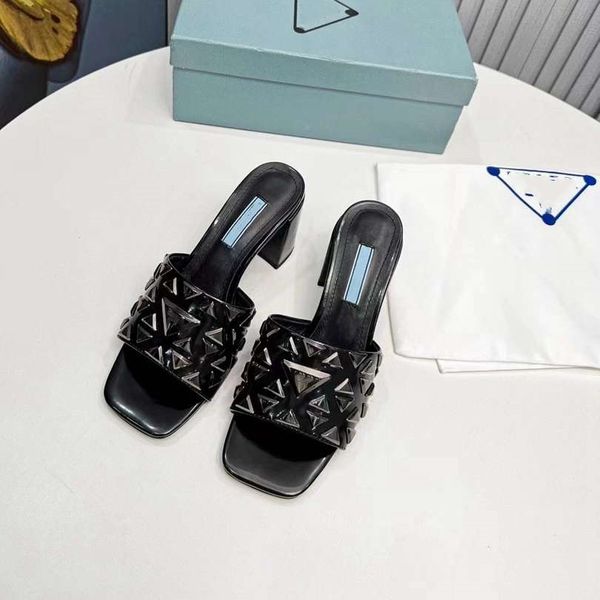 

summer romantic & elegant triangle brushed leather sandals prad shoes for women slingback pumps luxury footwear women high heels party weddi, Black