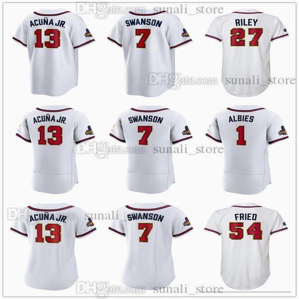 

white 2022 gold baseball jerseys ronald acu a jr 13 ozzie albies 1 dansby swanson 7 austin riley 27 max fried 54 matt olson 28 wi298j, Blue;black