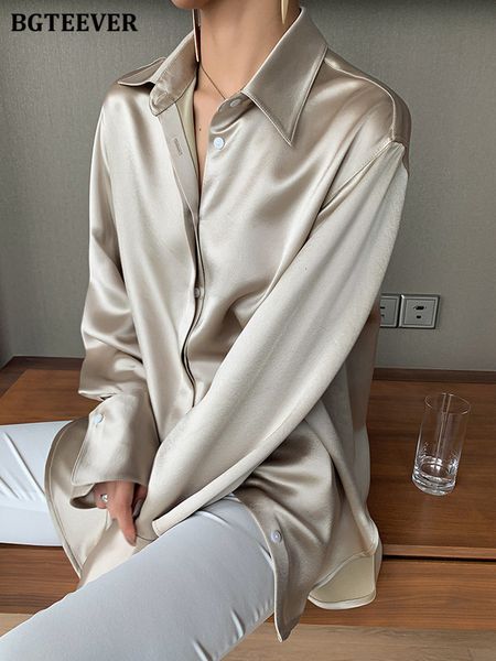 

women's blouses shirts bgteever stylish loose single-breasted female satin shirts spring summer blusas full sleeve women solid blouse, White