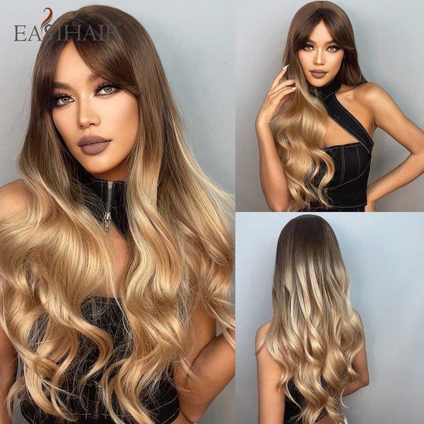 

synthetic wigs easihair long ombre brown golden wavy wigs with bangs natural synthetic for women daily cosplay heat resistant fiber 230227, Black