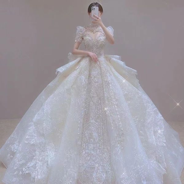 

a line wedding dresses sheer crew neck see through button back long sleeves appliques new vintage lace wed dresses vestios de novia bridal g, White