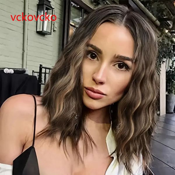 

vckovcko short curly wavy bob wig shoulder length middle part short black wig heat resistant synthetic party costume cosplay wig for girls w, Black;brown