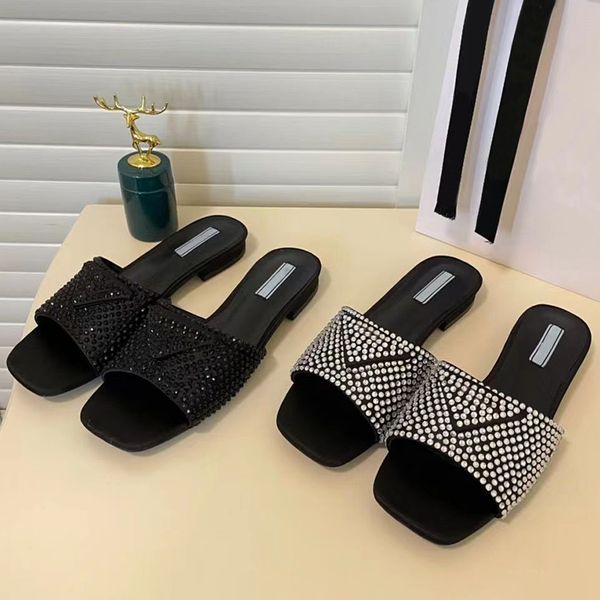 

designer slippers women shoes with crystals square toe satin slide sandals black white silver crystals luxurious summer slides square sandal
