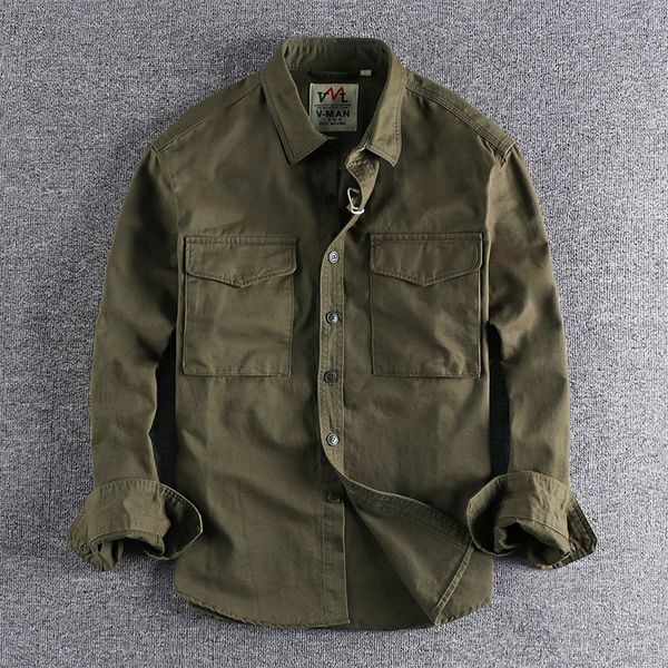 

men's casual shirts retro male cargo shirt jacket canvas cotton khaki military uniform light work safari style mens clothing 230228, White;black