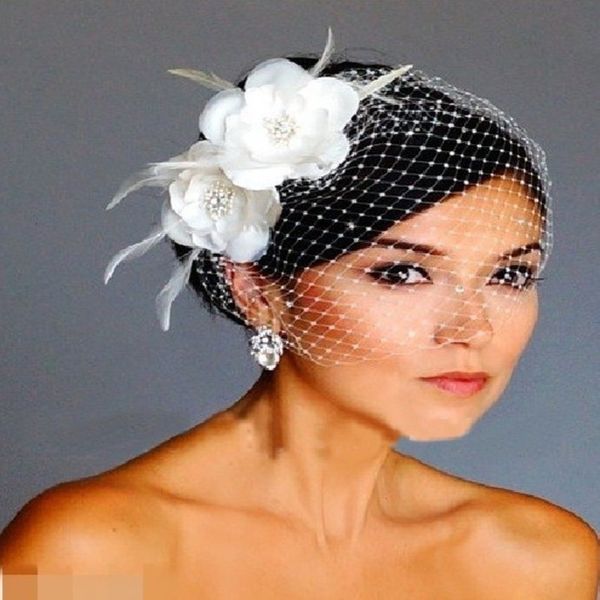 

wedding hair jewelry vintage birdecage veil birdcage netting face short feather flower white fascinator bride hats with 230225, Slivery;golden