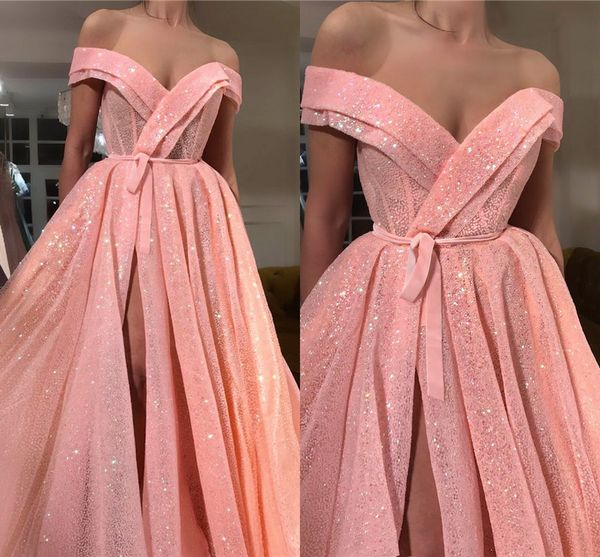 

sparkle sequined pink prom dresses a line off shouders split evening gowns with belt women dress formal bc15310, Black