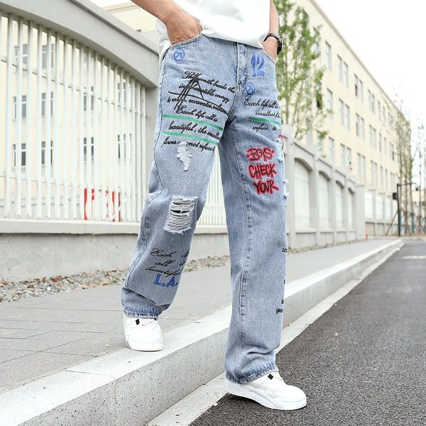 

men s jeans graffiti printing gradient hip hop trousers harem cartoon loose casual ankle banded pants cargo denim for men 230228, Blue