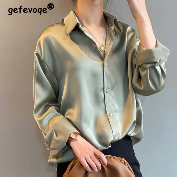 

women's blouses shirts spring autumn office lady elegant fashion button up satin draping shirt women temperament all-match blouse femal, White