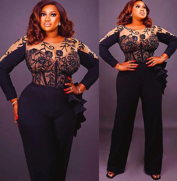 

black jumpsuits prom dresses lace beaded long sleeve sheer neck arabic aso ebi peplum occasion evening dress with pant suit