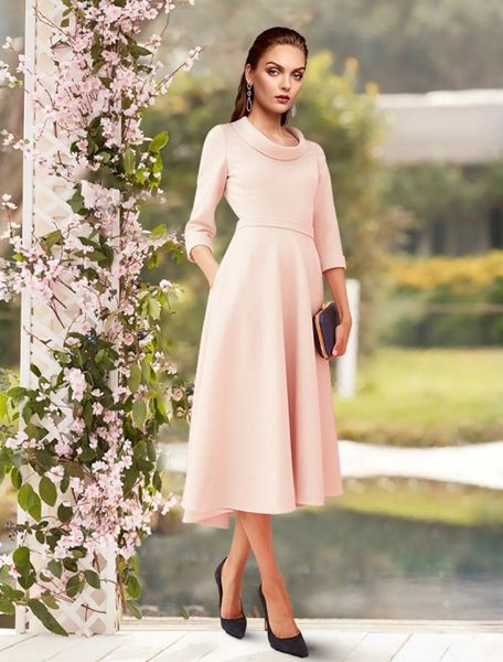 

a-line mother of the bride dress blush wedding guest party gowns elegant sweet scoop tea length 3/4 sleeve satin robe de soiree, Black;red