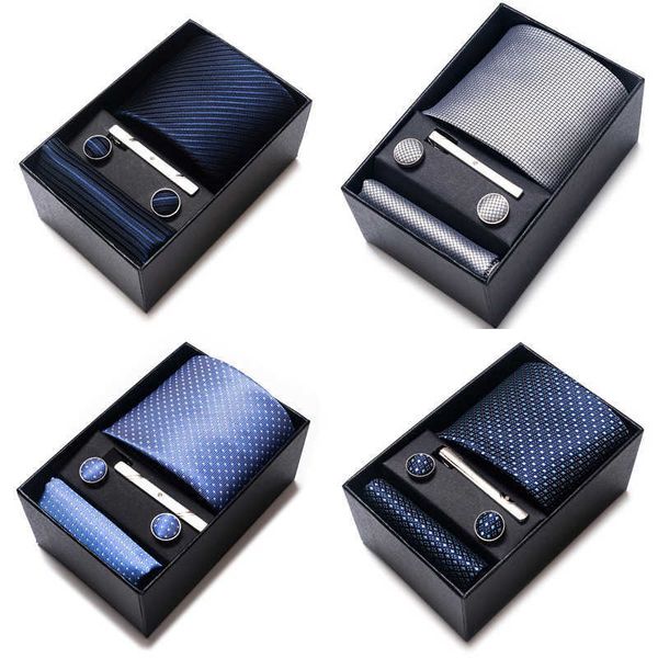 

neck ties wholesale 2023 new style party cravat gift silk tie pocket squares set necktie box men blue suit accessories fit wedding j230227, Blue;purple