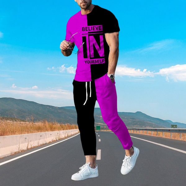 

mens tracksuits summer clothes fashion man 3d printing solid color long pants street men clothing set sleeve tshirt trousers suit 230228, Gray