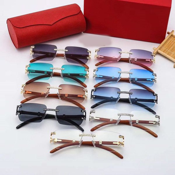 

Fashion Womens Rimless Optical Frameless Rectangle Sunglasses Classic Luxury Designers Gold Metal Wooden Legs Unisex Car Cycling Travel Eyewear With boxes C2