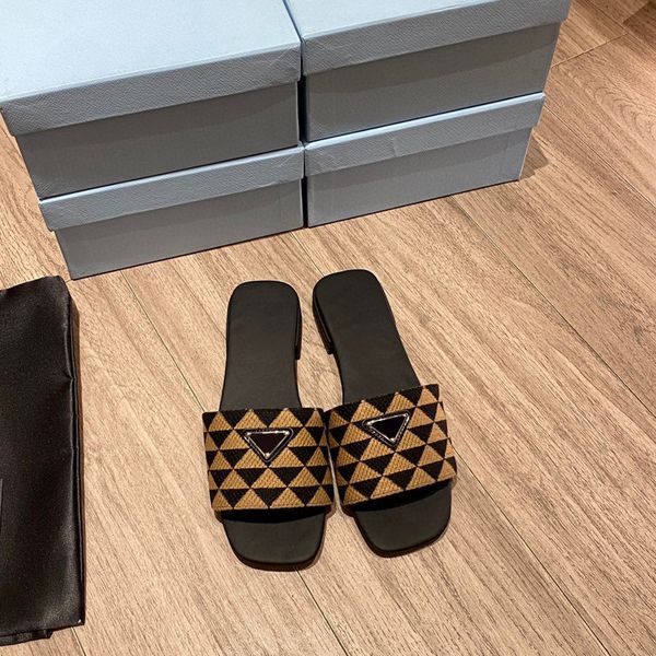 

triangle jacquard satin slippers flat slides summer sandals shoes enamel triangle logo flats slip on sandal women luxury designer slide slip, Black