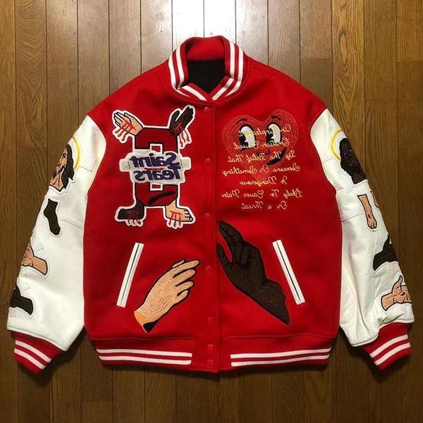 

Mens Jackets Men Designer Jacket Jesus Embroidery Saint Baseball Streetwear Patchwork Letter Asap Rocky Harajuku College Varsity Bomber Prgh, Red