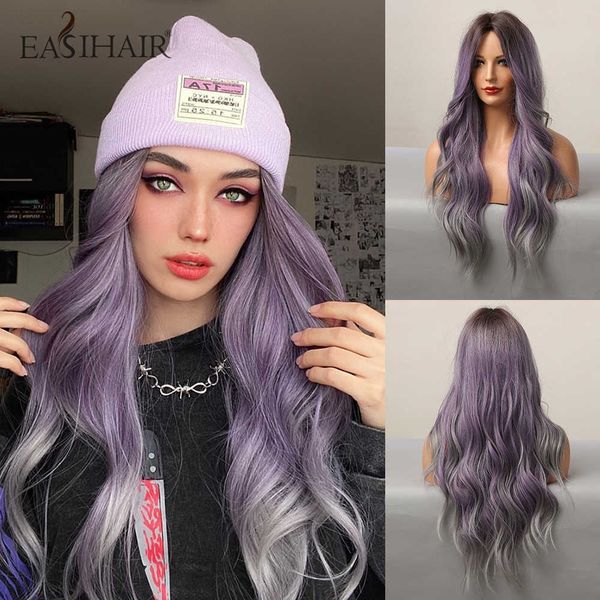 

synthetic wigs easihair long wavy synthetic wigs for women purple to ash grey ombre cosplay natural hair wig heat resistant 230227, Black