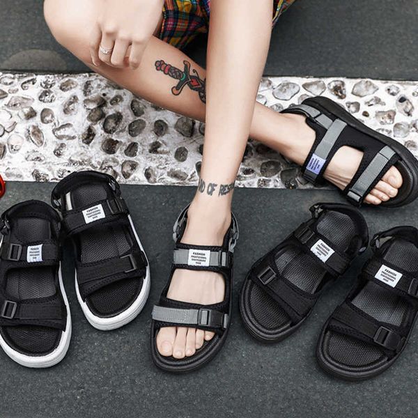 

slippers 2023 casual beach sandals men korean school student leisure hook loop buckle breathable anti-slip summer open toe canvas y2302, Black