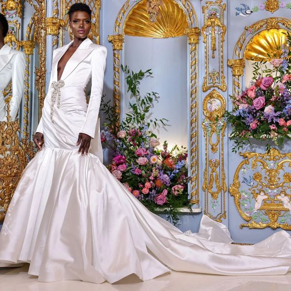 

stunning mermaid wedding dresses long sleeves bridal gowns pleated deep v neckline satin chapel train peaked lapel vestido de novia, White