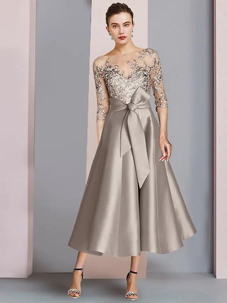 

khaki a-line mother of the bride dress 2023 wedding guest party gowns elegant scoop neck tea length satin lace half sleeve with bow robe de, Black;red