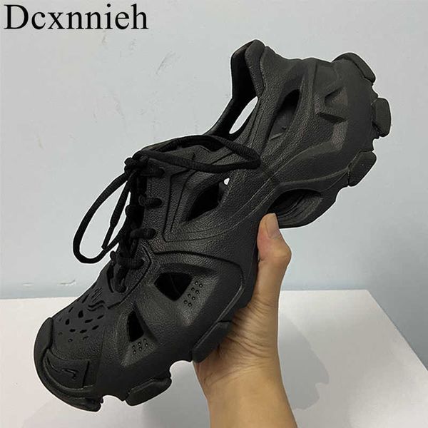 

slippers 2023 new summer men rubber waterproof flat beach shoes man lace up hollow outs sandals outdoor breathable seaside vacation shoes y2, Black