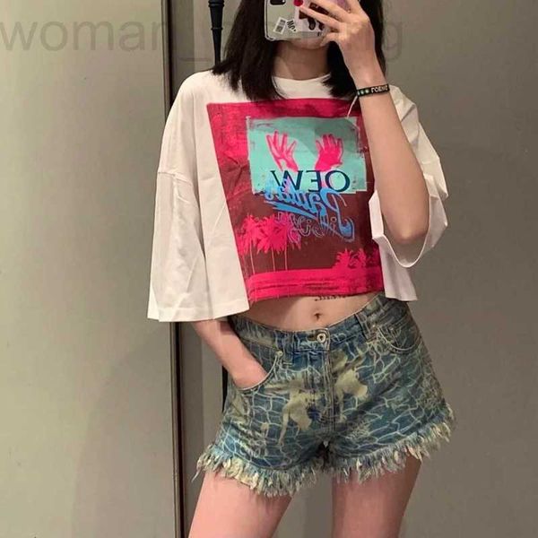 

women's t-shirt designer new summer tropical landscape print loose wide short-sleeved t-shirt cotton casual t qdic, White