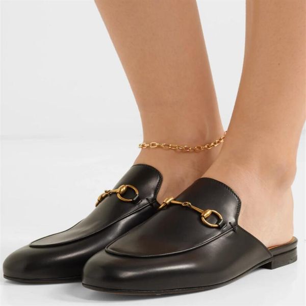 

luxury designer princetown horsebit leather slippers men women sandasl metal chain ladies slides comfort walking shoes eu35-46180h, Black