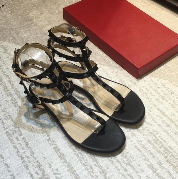 

summer sandals rivets classics brand women's slippers genuine leather flat flip flops sandal black white gold matte three belts lucury
