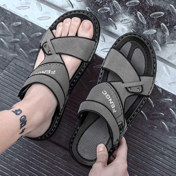 

slippers summer sandals for men 2022 new casual platform sandalias fashion male summer flat shoes leather slippers hombre plus size 38-44 y2, Black