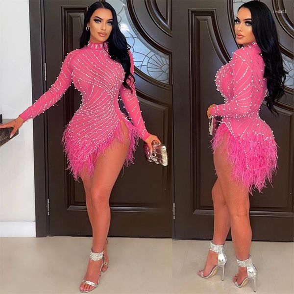 

party dresses dress solid color fringe feather diamonds o neck long sleeve celebrity mini vestidos, White;black
