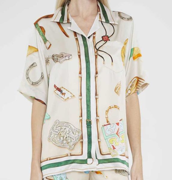 

23ss new casablanca hawaii beach shirt men and women racecourse jewelry same white twill silk short sleeve shirt, White;black