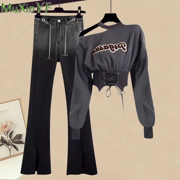 

women s two piece pants off shoulder letter sweashirt kpop punk gradient denim bandage pullover set spring autumn outfits 230228, White