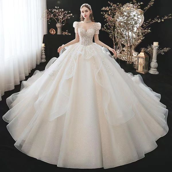 

2023 arabic vintage a line wedding dresses crystals sheer long beaded lace beaded ball gown vestido de novia bridal dress dubai luxury robes, White