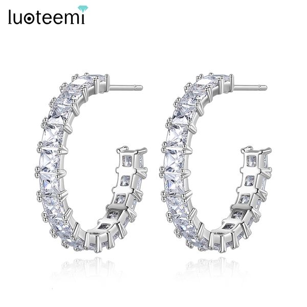 

hoop huggie luoteemi stunning cubic zirconia round hoop earrings for girl silver color fashion bohemian square cz wedding bridal accessories, Golden;silver