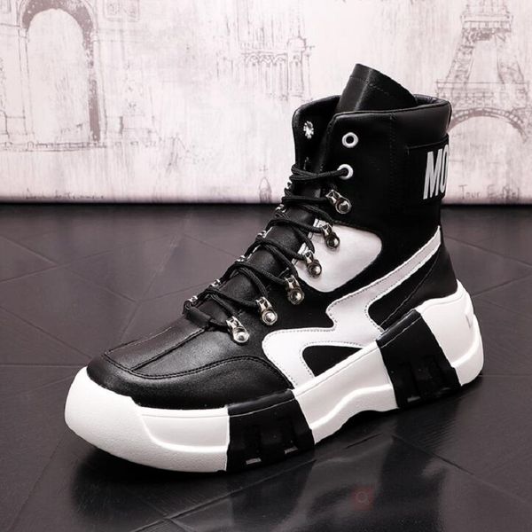 

new men's boots fashion high help for men patchwork thick bottom loafers sports walking sneakers d2a26, Black