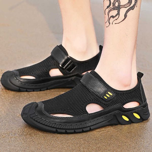 

slippers 2021 new men mesh sandals outdoor water shoes sandalia plataforma leisure handmade comfortable breathable soft light size38-46 y230, Black